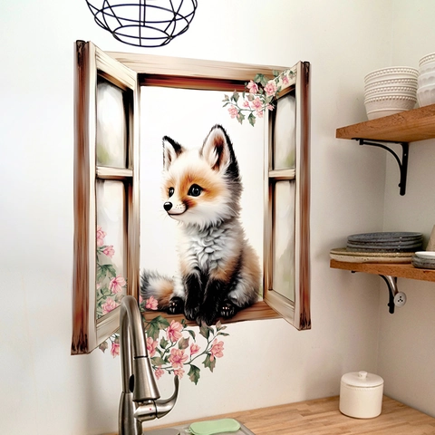 Sticker Mural 3D Fausse Fenêtre Renard Assis sur un Cadre en Bois Fleurs Roses Imperméable Autocollant Mural en PVC Décor
