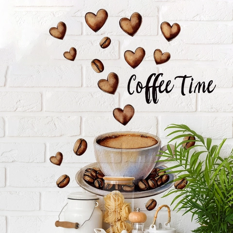 Watercolor Kitchen Wall Stickers PVC Removable Self Adhesive Coffee Time Lets Cook Quotes Decor For Dining Room Cafe