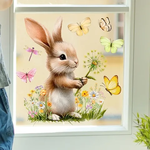 Cartoon Animal Window Stickers Watercolor Rabbit Fox Panda Floral Butterfly Static Cling Decals For Glass Home Decor