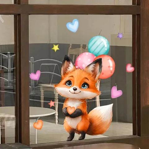 Cartoon Animal Window Stickers Watercolor Rabbit Fox Panda Floral Butterfly Static Cling Decals For Glass Home Decor