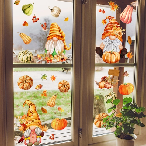 Autumn Window Clings Static PVC Double Sided Thanksgiving Gnome Pumpkin Maple Leaf Sunflower Red Truck Decor