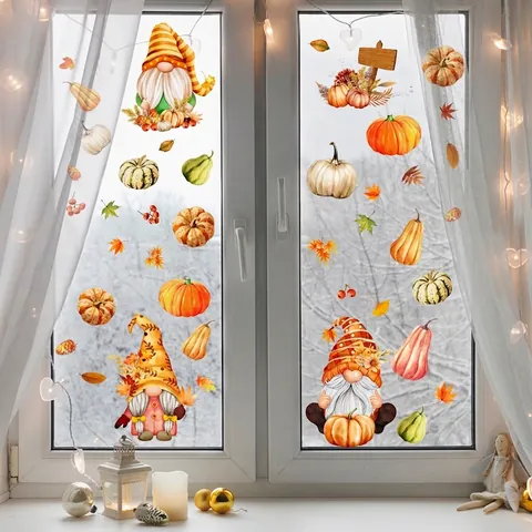 Autumn Window Clings Static PVC Double Sided Thanksgiving Gnome Pumpkin Maple Leaf Sunflower Red Truck Decor