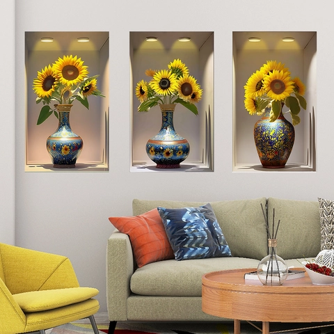 Vinilo Decorativo 3D Girasol Planta en Maceta Floral Jarrón de Porcelana PVC Para Sala de Estar Dormitorio Casa