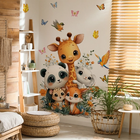 Stickers Muraux Animaux Dessins Animés PVC Amovibles Autocollants Décoration Crèche Girafe Lion Éléphant Peints À La Main
