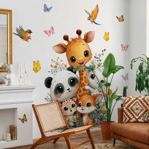 Stickers Muraux Animaux Dessins Animés PVC Amovibles Autocollants Décoration Crèche Girafe Lion Éléphant Peints À La Main
