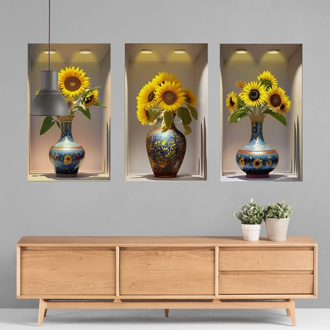 Vinilo Decorativo 3D Girasol Planta en Maceta Floral Jarrón de Porcelana PVC Para Sala de Estar Dormitorio Casa