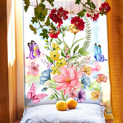 Adesivi Statici per Finestre con Fiori e Farfalle in PVC Impermeabile Design Bifacciale Decalcomanie Murali per Vetri Casa
