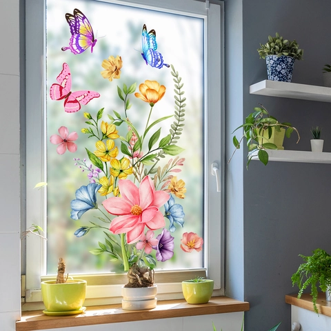 Adesivi Statici per Finestre con Fiori e Farfalle in PVC Impermeabile Design Bifacciale Decalcomanie Murali per Vetri Casa