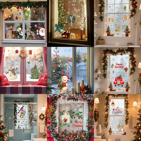 Juego de Pegatinas Navideñas para Ventanas Dibujos Animados Papá Noel Muñeco de Nieve Hombre de Jengibre Reno Adhesivos Estáticos de PVC para Cristales Decoración de Navidad
