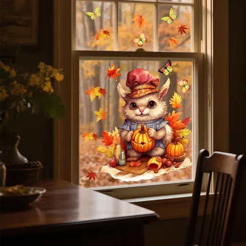 Static Window Cling Stickers Autumn Harvest Halloween Decor Cute Squirrel Pumpkin Maple Leaves Double Sided Color PVC Decals