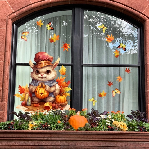 Static Window Cling Stickers Autumn Harvest Halloween Decor Cute Squirrel Pumpkin Maple Leaves Double Sided Color PVC Decals
