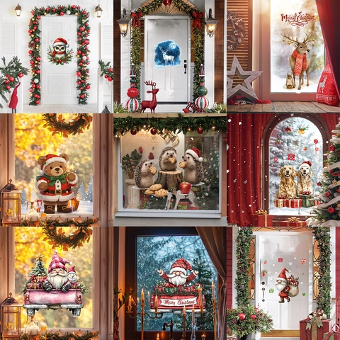 Stickers de Fenêtre de Noël Statiques Double Face Renne Hibou Gnome Père Noël Ours PVC Décalcomanies pour Porte en Verre Maison Fête Décor
