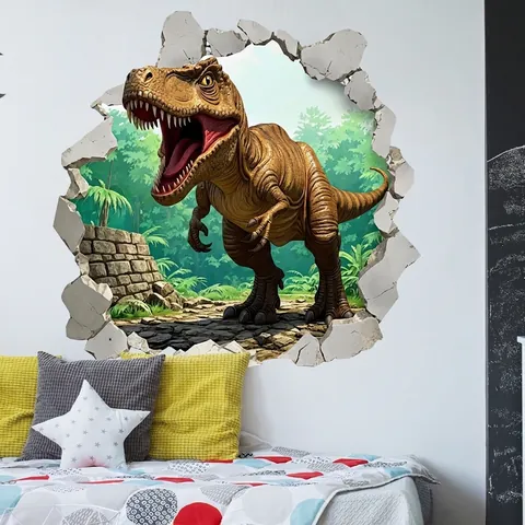 Stickers Muraux Dinosaure 3D PVC Imperméable Mur Brisé T-Rex Décalcomanie Amovible Pour Chambre D'enfant Salon Décor