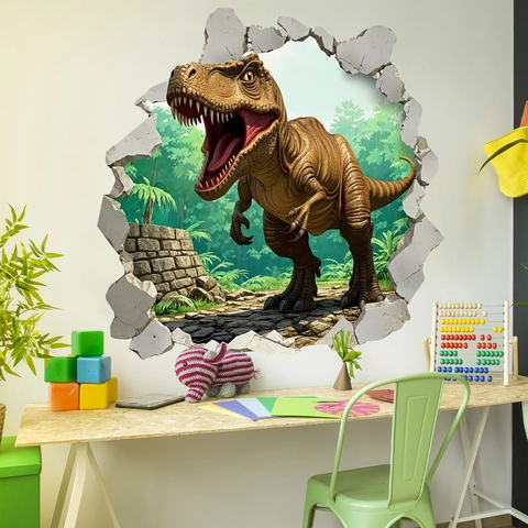 Stickers Muraux Dinosaure 3D PVC Imperméable Mur Brisé T-Rex Décalcomanie Amovible Pour Chambre D'enfant Salon Décor