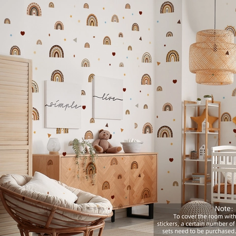 Autocollants Muraux Arc-En-Ciel Bohème PVC Auto-Adhésif Amovible Peint À La Mano Motifs Cœur Étoile Pour Décoration Enfants