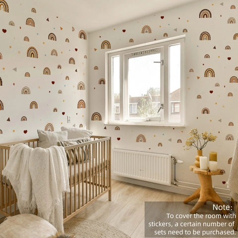 Autocollants Muraux Arc-En-Ciel Bohème PVC Auto-Adhésif Amovible Peint À La Mano Motifs Cœur Étoile Pour Décoration Enfants