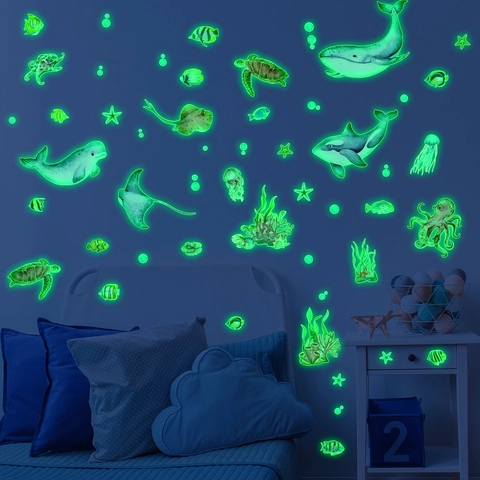 Leuchtende Meerestiere Wandtattoo Im Dunkeln Leuchtend Für Kinderzimmer Badezimmer Wal Schildkröte PVC Wandaufkleber