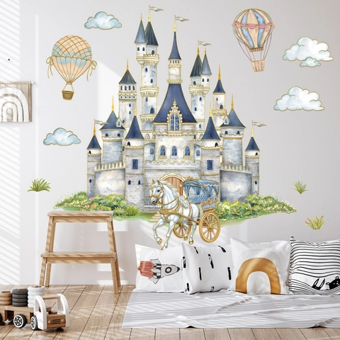 Adesivi Murali Castello Carrozza Mongolfiera Cartone Animato PVC Impermeabile Autoadesivo Acquerello Decorazione Camera Bambini