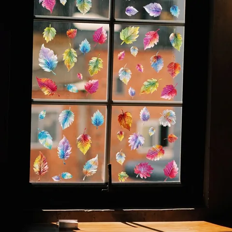 Colorful Leaf Window Stickers Static Cling Decals Watercolor Maple Leaves Design Double Sided PVC Home Decor Ornaments