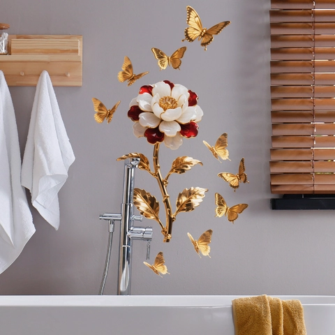 Bloem Vlinder Muurstickers 3D Metallic Effect PVC Zelfklevende Decorative Decals Voor Woonkamer Slaapkamer Achtergrond