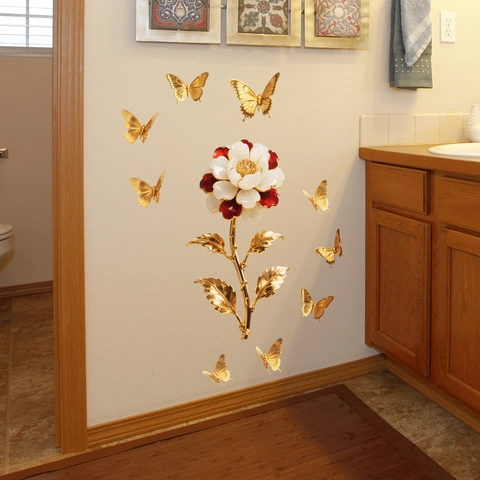 Bloem Vlinder Muurstickers 3D Metallic Effect PVC Zelfklevende Decorative Decals Voor Woonkamer Slaapkamer Achtergrond