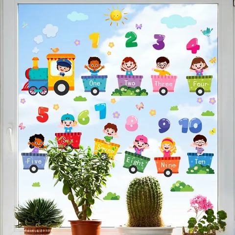 Karikatur Zug Zahlen 1 bis 10 Fensteraufkleber Für Kinderzimmer Früherziehung PVC Statisch Haftende Doppelseitige Glasaufkleber