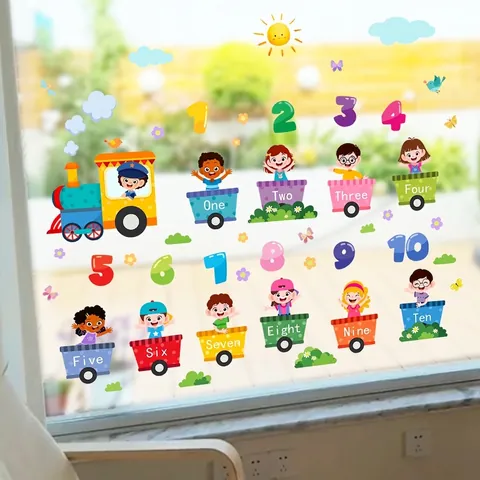 Karikatur Zug Zahlen 1 bis 10 Fensteraufkleber Für Kinderzimmer Früherziehung PVC Statisch Haftende Doppelseitige Glasaufkleber