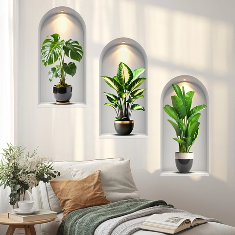 3D Visuele Muurstickers Boognis Potplanten PVC Zelfklevend Waterdicht Tropisch Groen Decoratie