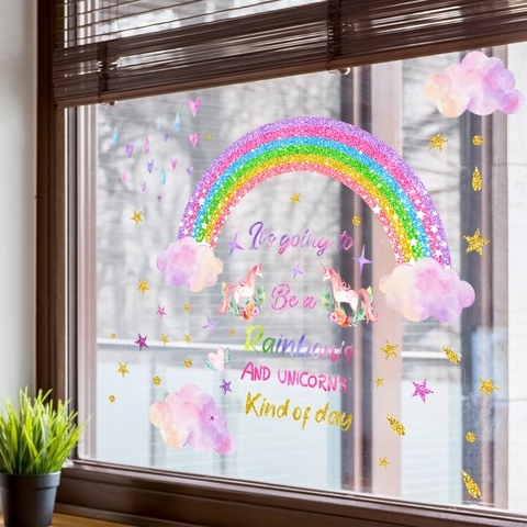 Watercolor Unicorn Rainbow Window Stickers Static Cling Waterproof PVC Decals For Kids Room Nursery Double Sided Pattern