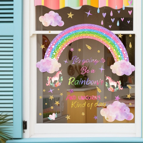 Watercolor Unicorn Rainbow Window Stickers Static Cling Waterproof PVC Decals For Kids Room Nursery Double Sided Pattern