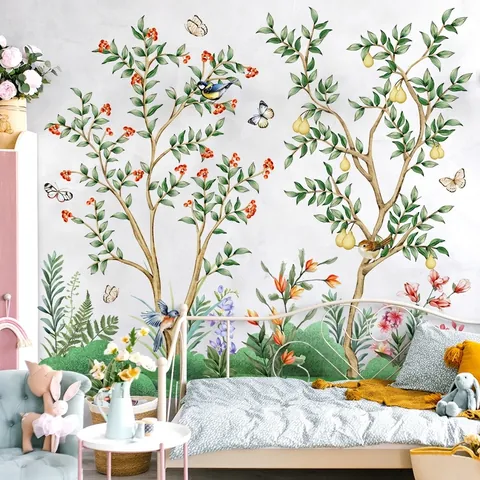 Watercolor Fruit Trees Wall Stickers PVC Removable Nature Birds Butterflies Wall Decals For Bedroom Nursery Home Decor