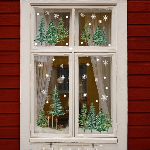 Pegatinas De Navidad Para Ventanas Calcomanías Estáticas Pino Copo De Nieve Estilo Acuarela PVC Decoración De Invierno