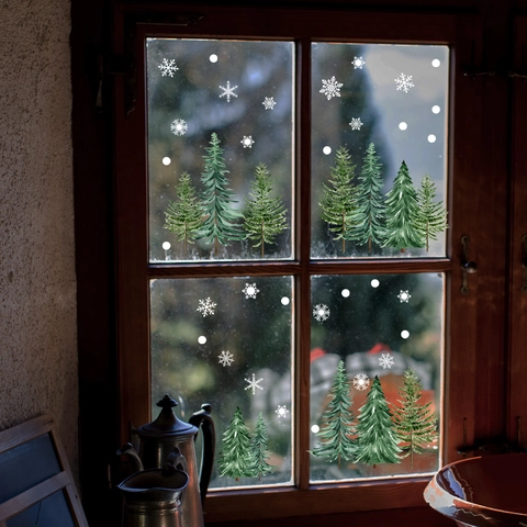 Pegatinas De Navidad Para Ventanas Calcomanías Estáticas Pino Copo De Nieve Estilo Acuarela PVC Decoración De Invierno