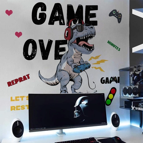 Cartoon Dinosaurus Gamer Muurstickers PVC Zelfklevend Decoratie Voor Kinderkamer E-Sport Kamer