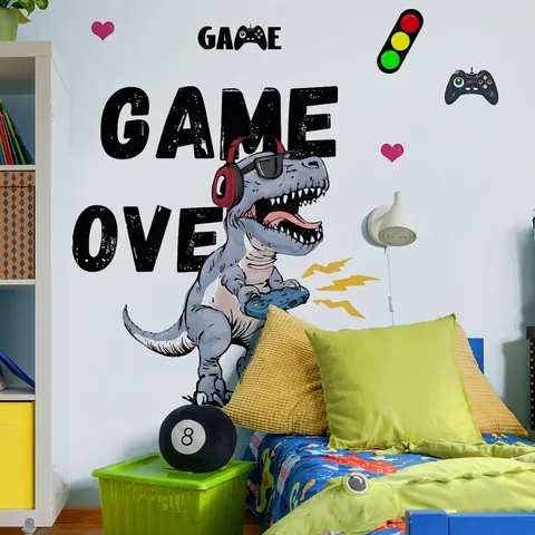Stickers Muraux Dinosaure Dessin Animé pour Chambre d'Enfant PVC Game Over Skateboard Thème Auto-Adhésif Amovible