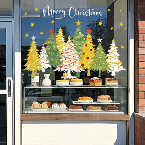 Christmas Tree Window Stickers Merry Christmas Static Cling Decals Stars Double Sided PVC Holiday Decoration For Glass