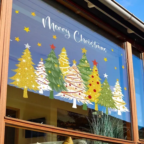 Christmas Tree Window Stickers Merry Christmas Static Cling Decals Stars Double Sided PVC Holiday Decoration For Glass