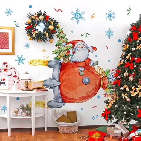 Weihnachts Weihnachtsmann Rakete Wandtattoo PVC Handbemalt Aquarell Aufkleber Für Wohnzimmer Feiertag Dekoration