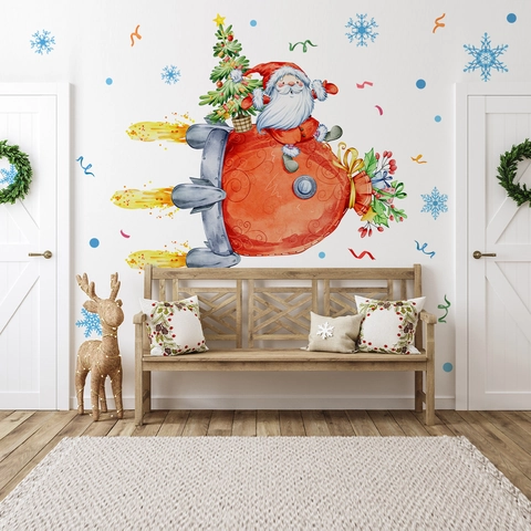 Weihnachts Weihnachtsmann Rakete Wandtattoo PVC Handbemalt Aquarell Aufkleber Für Wohnzimmer Feiertag Dekoration