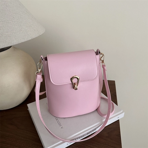 Bolso de Hombro Tipo Balde de Cuero PU de Moda Simple para Mujer Gran Capacidad Color Sólido Puntadas Bolso de Mensajero