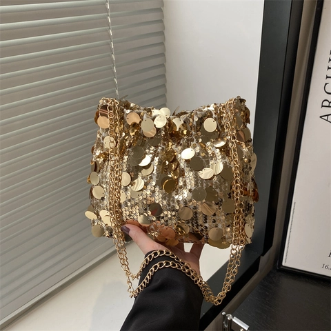 Women Sequin Evening Bag Trendy Metal Chain Square Crossbody Bag Shiny Round Sequins Shoulder Handbag For Party Banquet Lady Fashion Purse