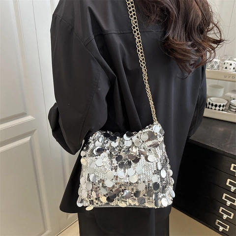Women Sequin Evening Bag Trendy Metal Chain Square Crossbody Bag Shiny Round Sequins Shoulder Handbag For Party Banquet Lady Fashion Purse
