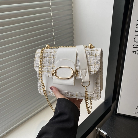 Elegant Women Tweed PU Leather Crossbody Bag Gold Chain Strap Oval Metal Buckle Fashion Square Shoulder Bag