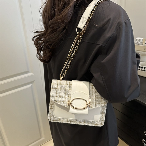 Γυναικείο Fashion Tweed Patchwork Shoulder Crossbody Bag Κομψό Χρυσό Alυσίδα Design Small Square Handbag