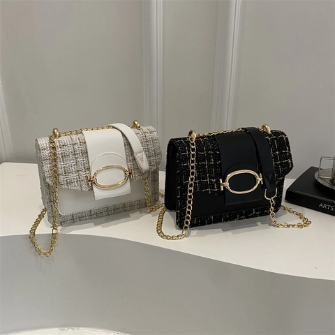 Sac à Épaule Femme en Tweed Patchwork Avec Bandoulière Chaîne Dorée Élégant Petit Sac Bandoulière Carré Vintage pour le Quotidien