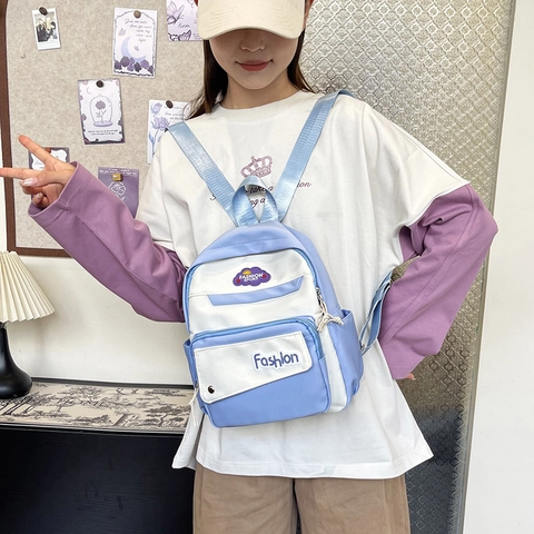 Mochila de Nailon Mini Estilo Coreano para Mujer Bolsa Escolar de Bloques de Color Estudiantes Moda Multibolsillo Casual