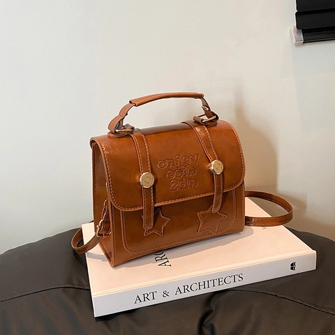 Bolso Cuadrado Pequeño de Cuero de PU Vintage para Mujer Color Sólido Estrella Relieve Bolso de Mano Estilo Británico Viaje Diario Bolso Bandolera