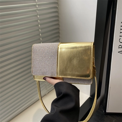 Fashion Women Patchwork Rhinestone Small Square Crossbody Bag Metallic PU Leather Shoulder Bag For Evening Party Wedding
