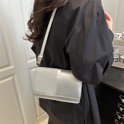 Fashion Women Patchwork Rhinestone Small Square Crossbody Bag Metallic PU Leather Shoulder Bag For Evening Party Wedding