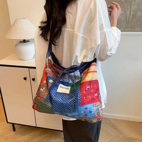 Women's Bohemian Ethnic Patchwork Tote Bag Canvas Large Capacity Shoulder Bag With Bow Decoration Retro Crossbody Bag